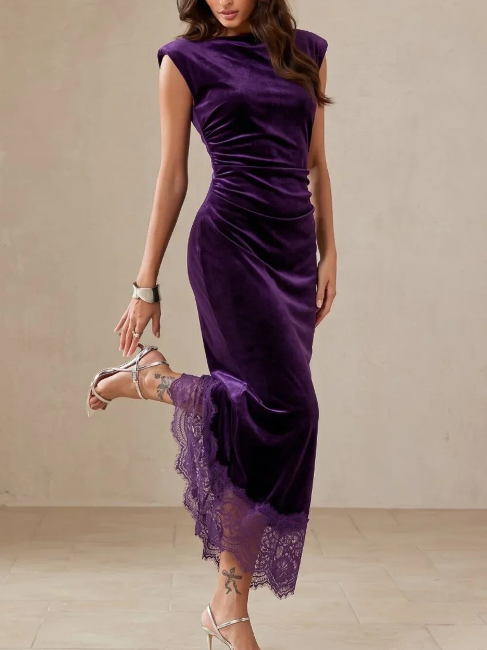 Bold Plum Elegant Women's Contrast Lace Fitted Pencil Dress